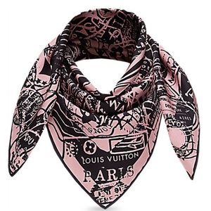 New Louis Vuitton Scarf Luggage Travel Stamps Pink Black Silk Wrap